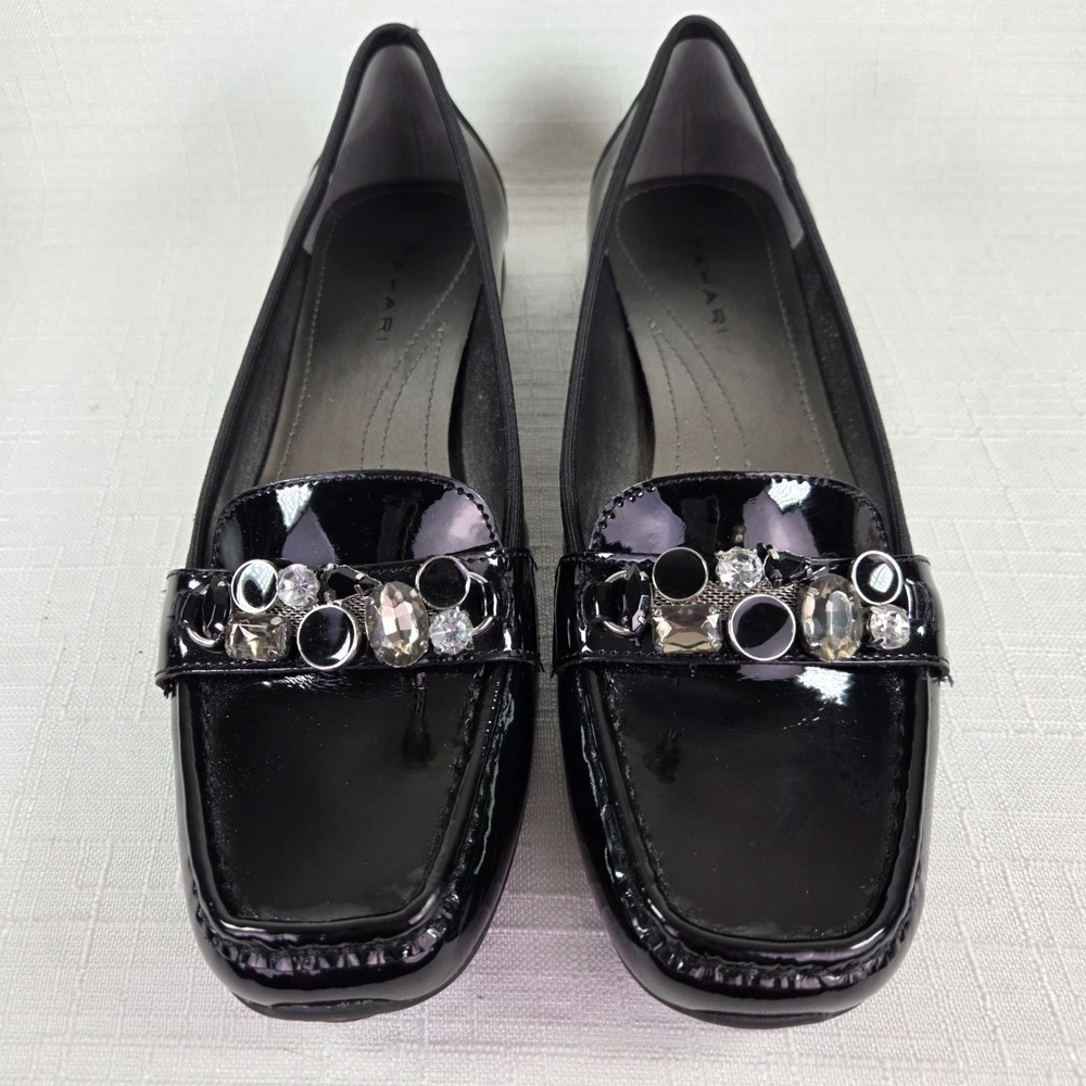 Tahari Black Patent Leather Loafers Women's 10 Rhinestones Preppy Secretary - Picture 2 of 9